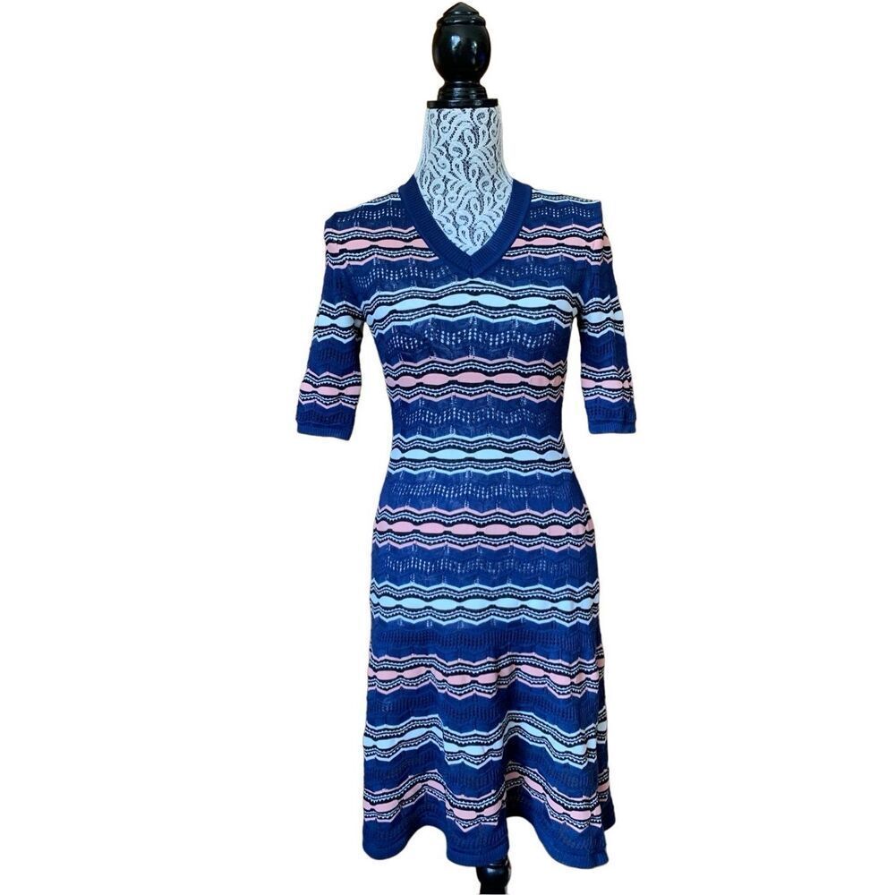 Missoni Navy Blue, Light Blue & Pink Striped Knit Mini Dress